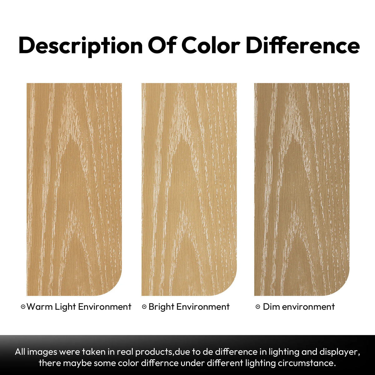 Finish swatch panel with a note that wood color shifts with room lighting, 36-inch model