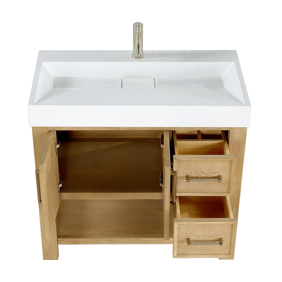 Inside the cabinet: open doors, pulled drawers and partitions under the sink top, 36-inch model