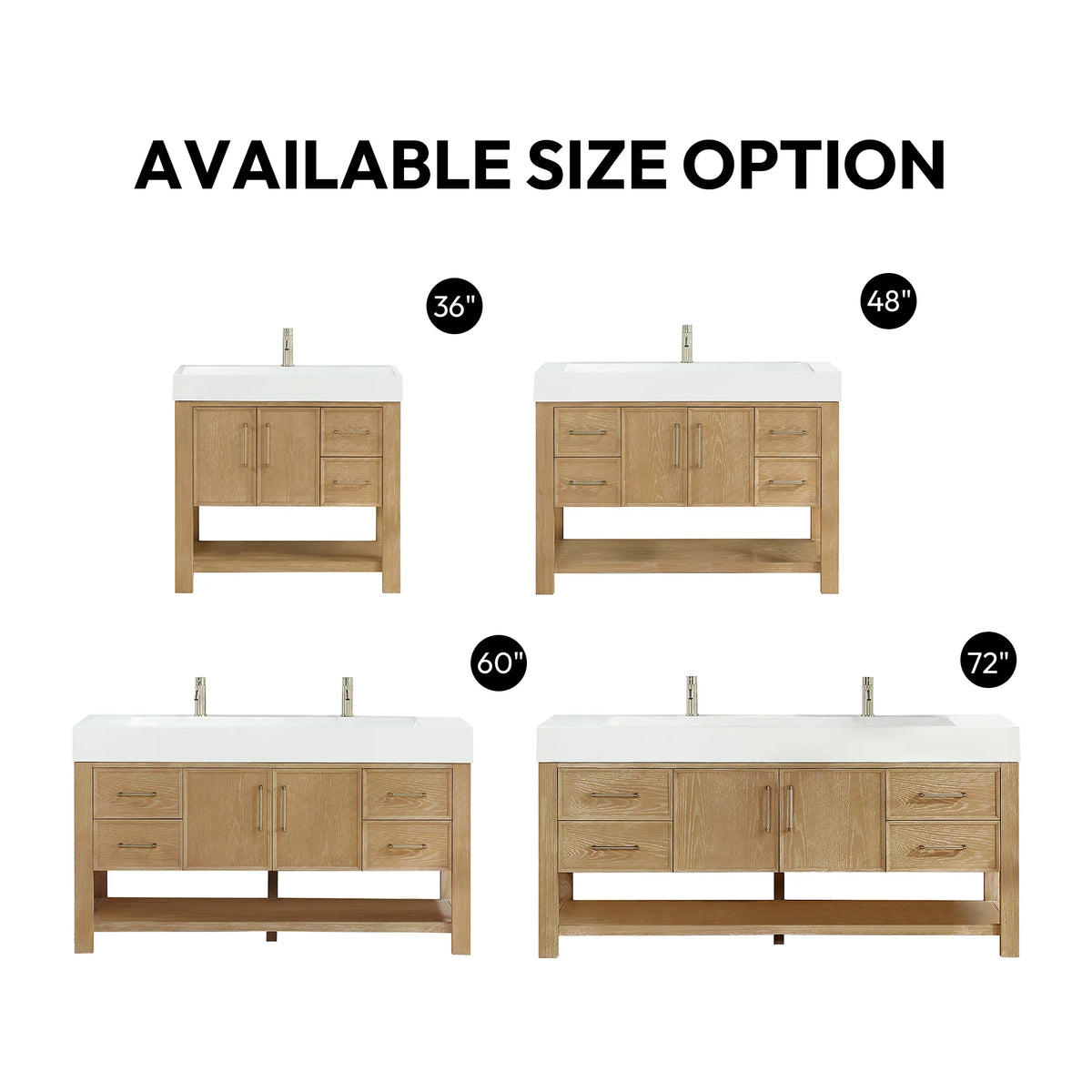 Size options chart showing the vanity in four widths