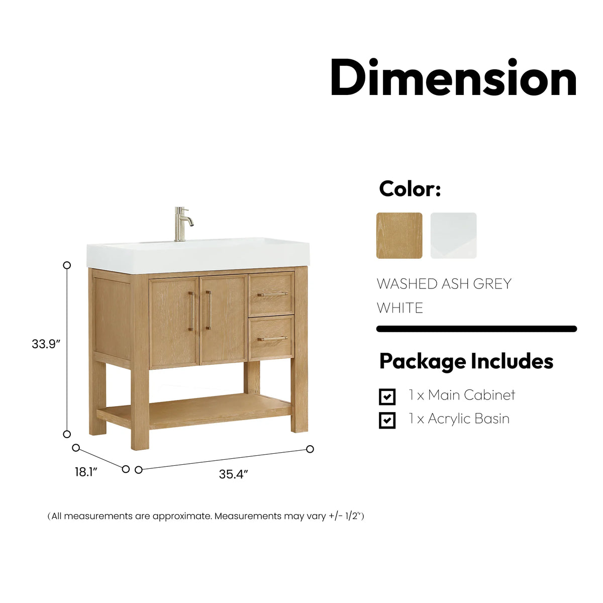 Measurement diagram of the cabinet and top, 18.1 by 33.9 inches for depth and height