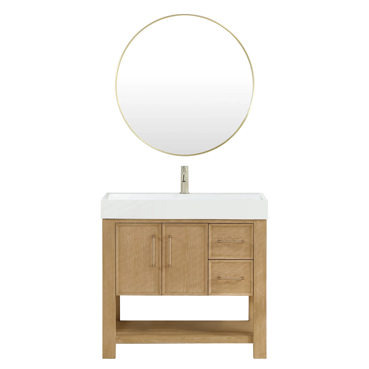 Studio shot of the cabinet and a gold-framed circular mirror, side by side, 36-inch model