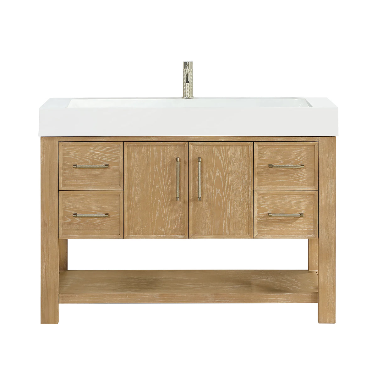 Washed Ash Grey freestanding 48-inch single bathroom vanity, brushed gold pulls, white sink top