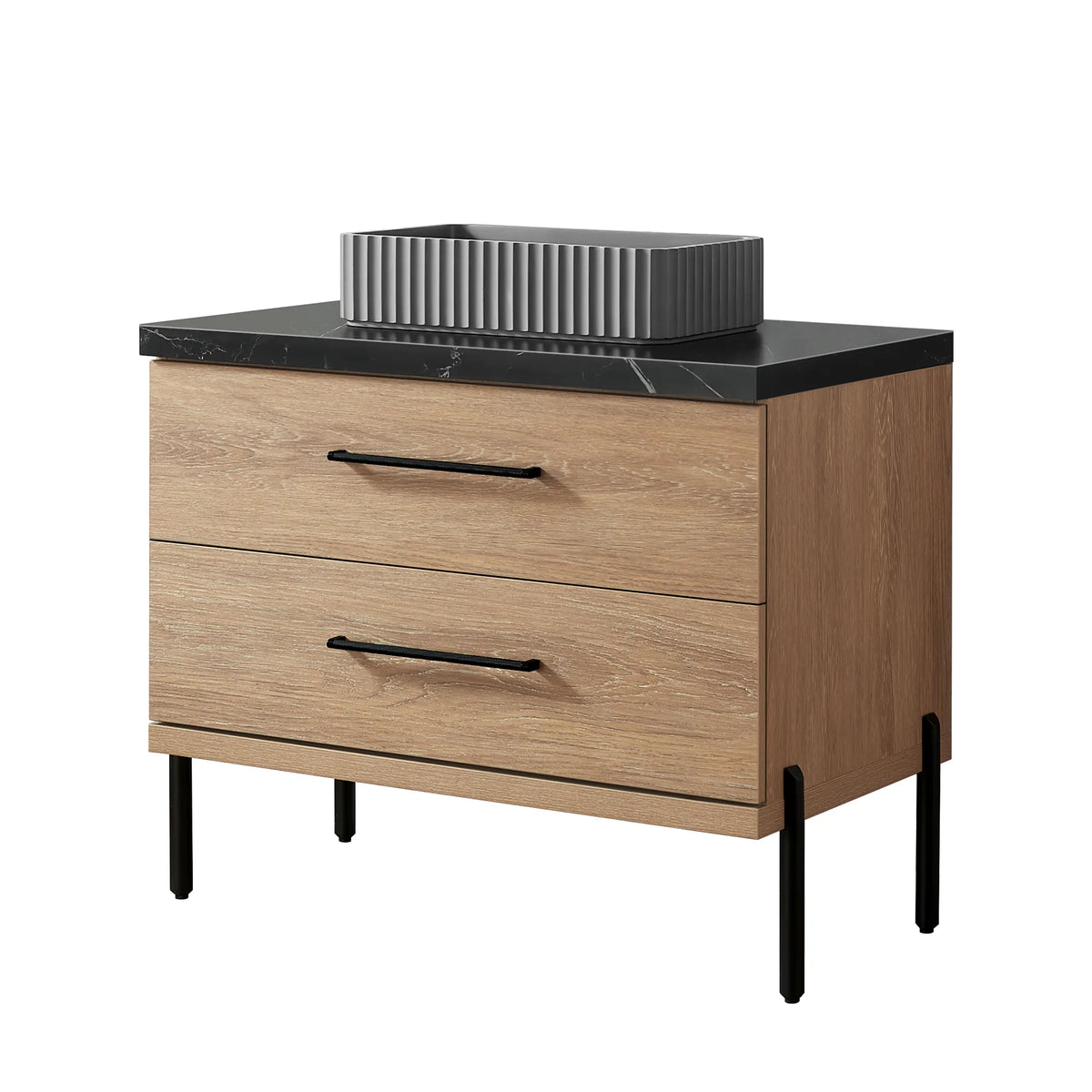 North American Oak 36 inch single bathroom vanity with a rectangular ribbed concrete vessel set on black stone