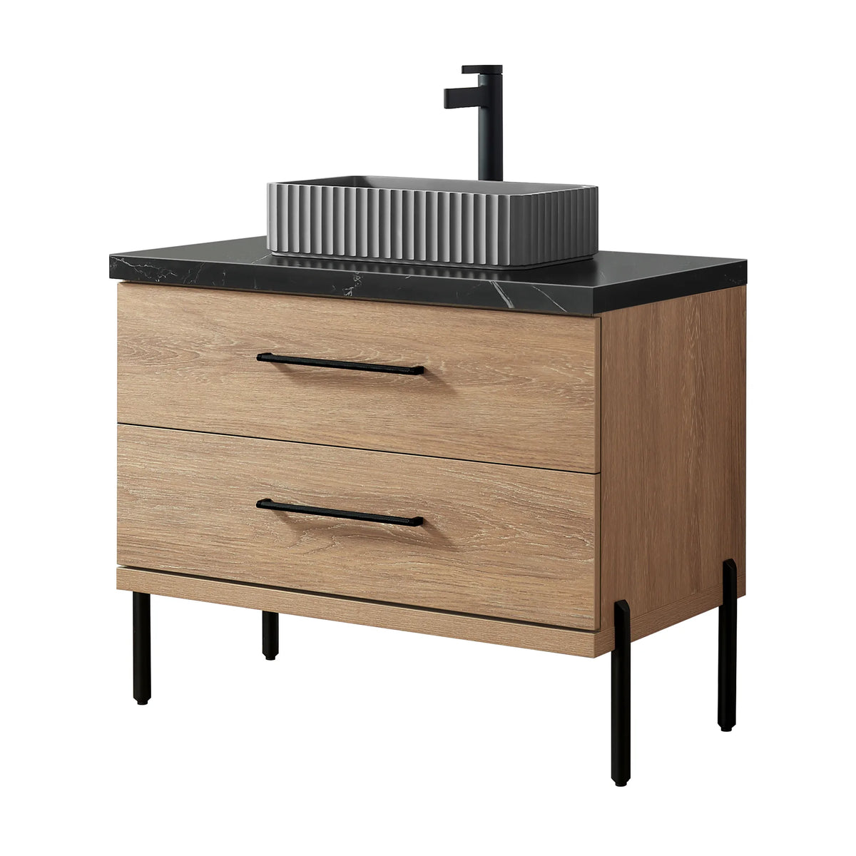 Black faucet on the stone top, vanity shown front-on against white, sold separately