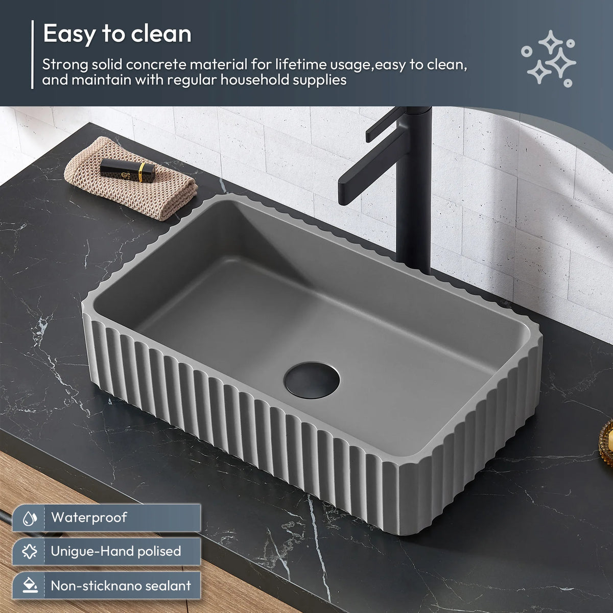 Concrete basin up close with easy-care notes