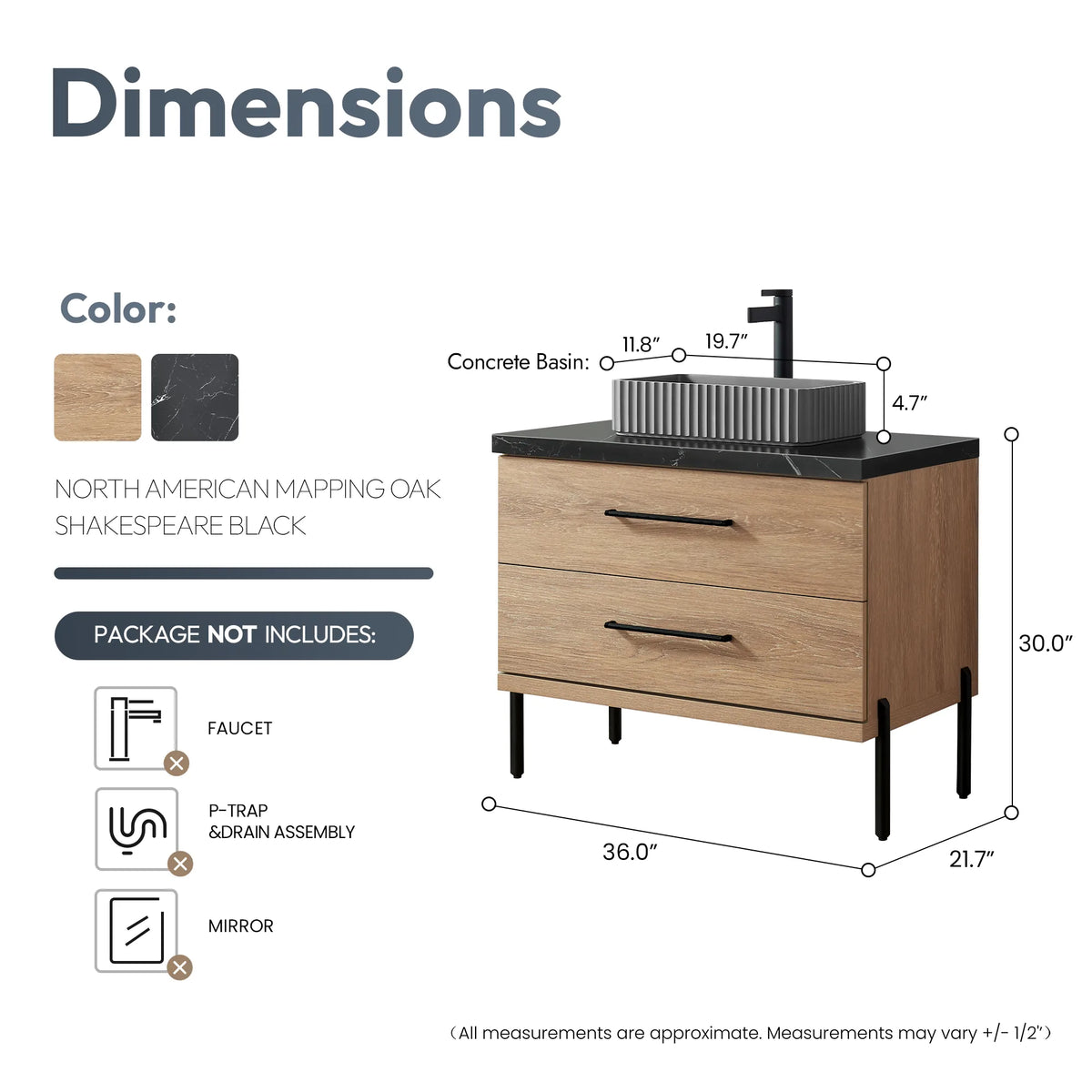 Technical sketch of the 36 inch cabinet: width, depth and height called out along each edge
