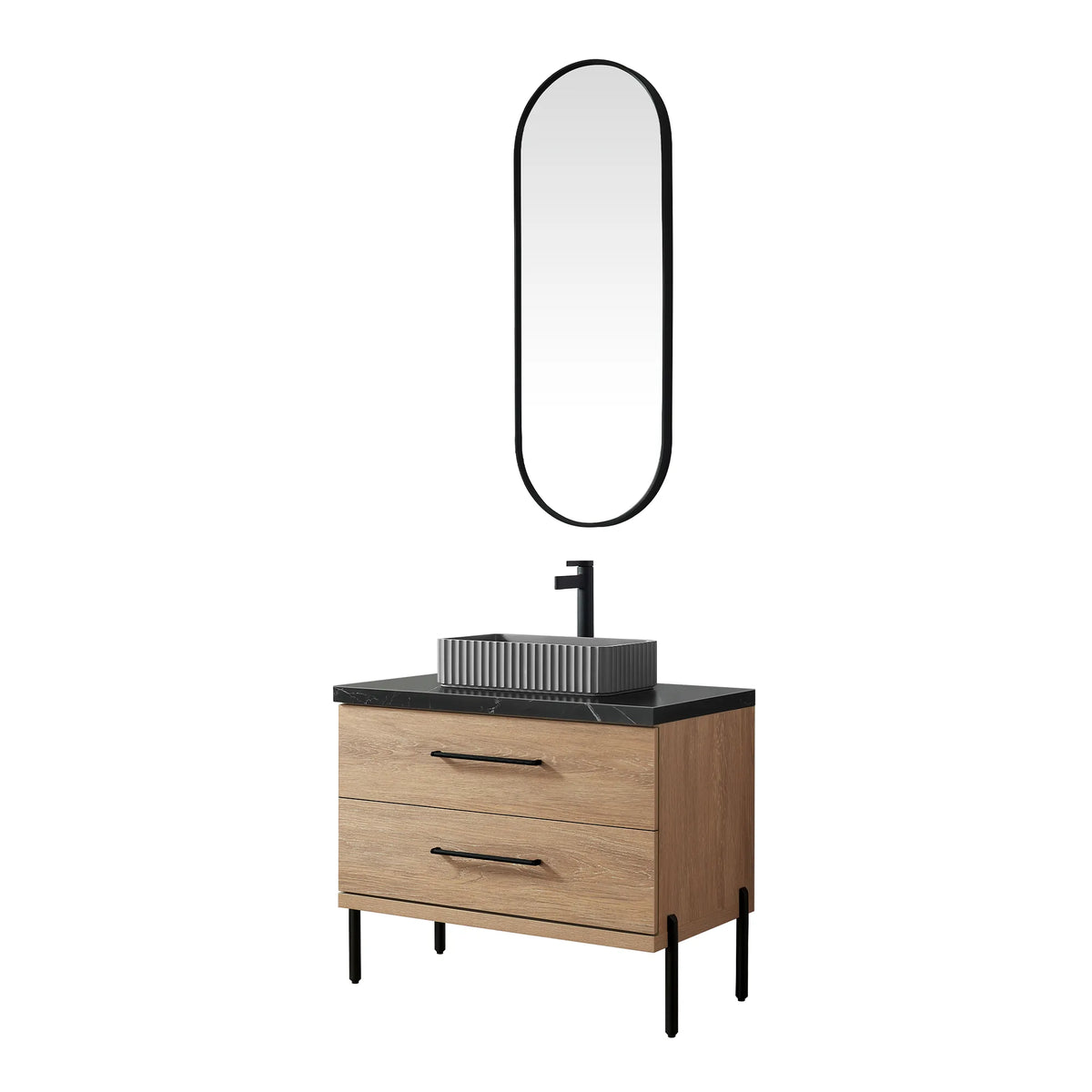 Oak cabinet on black legs below the oval mirror, plain white backdrop