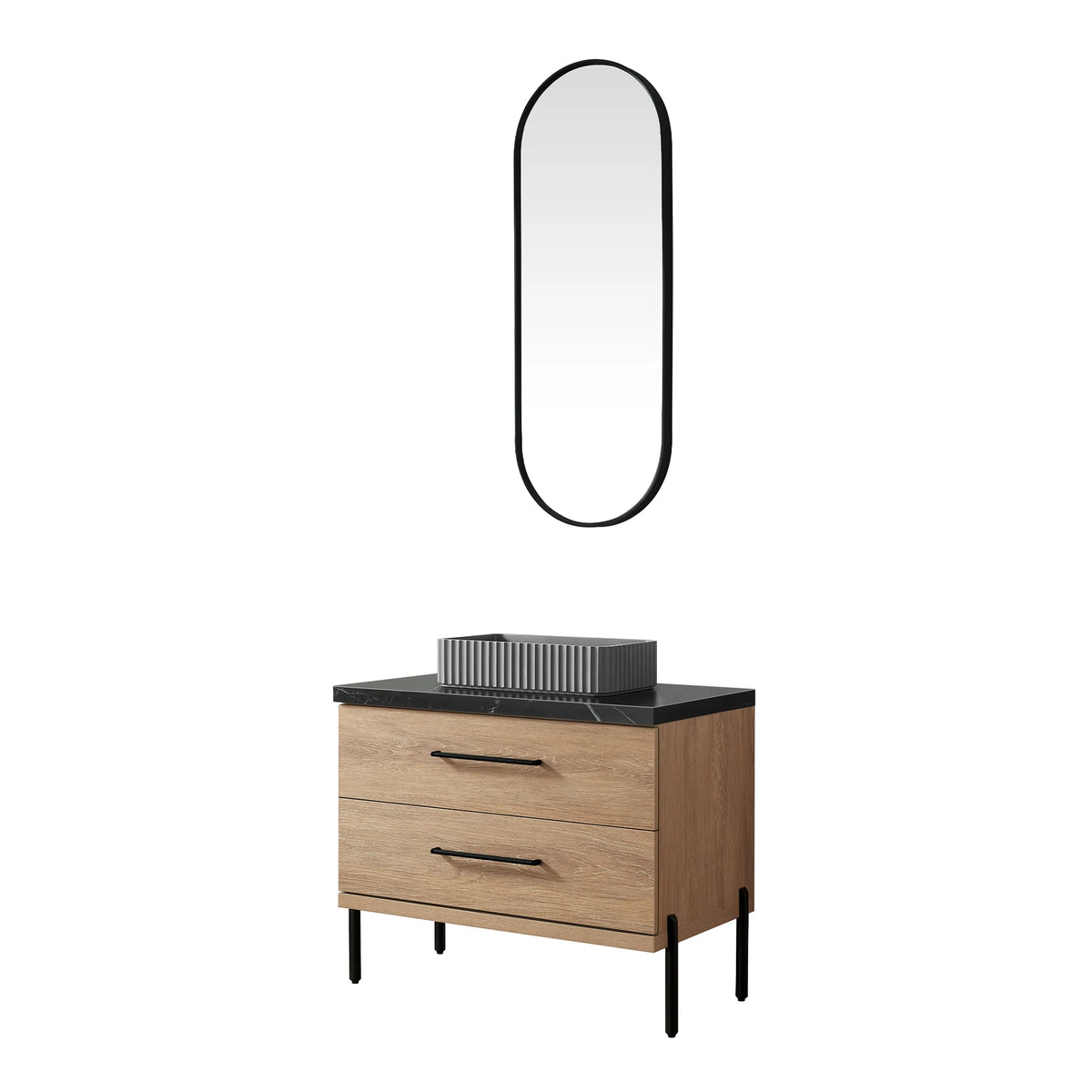 Oak cabinet with two drawers on matte black legs, shown under the oval mirror