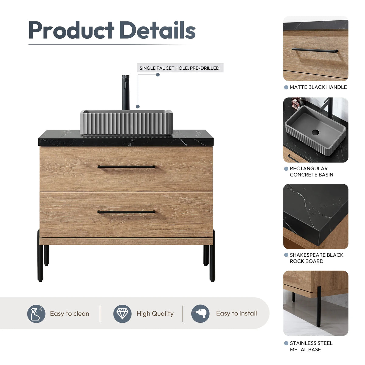 Spec panel highlighting the faucet hole, bar handle, basin and black surface