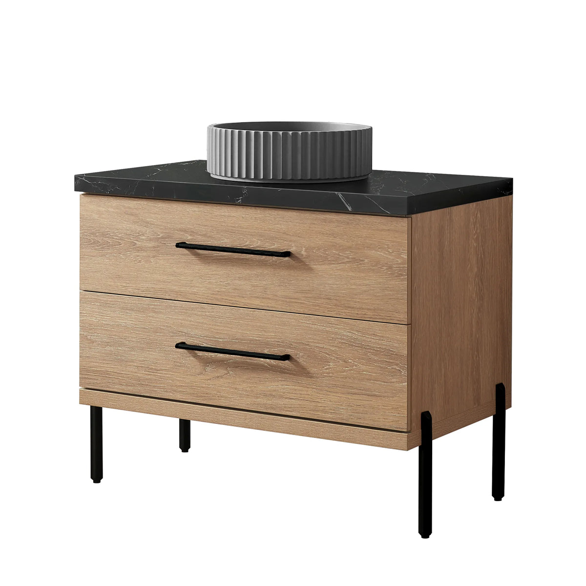 North American Oak 36 inch single bathroom vanity carrying a circular ribbed concrete vessel on black sintered stone