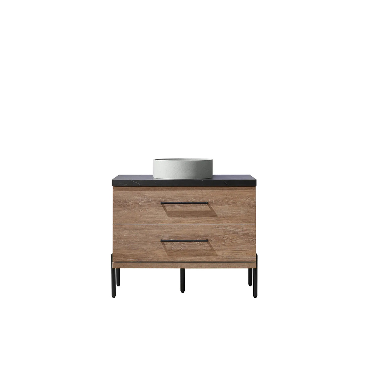 North American Oak 36 inch single bathroom vanity carrying a circular concrete vessel on a black sintered stone surface