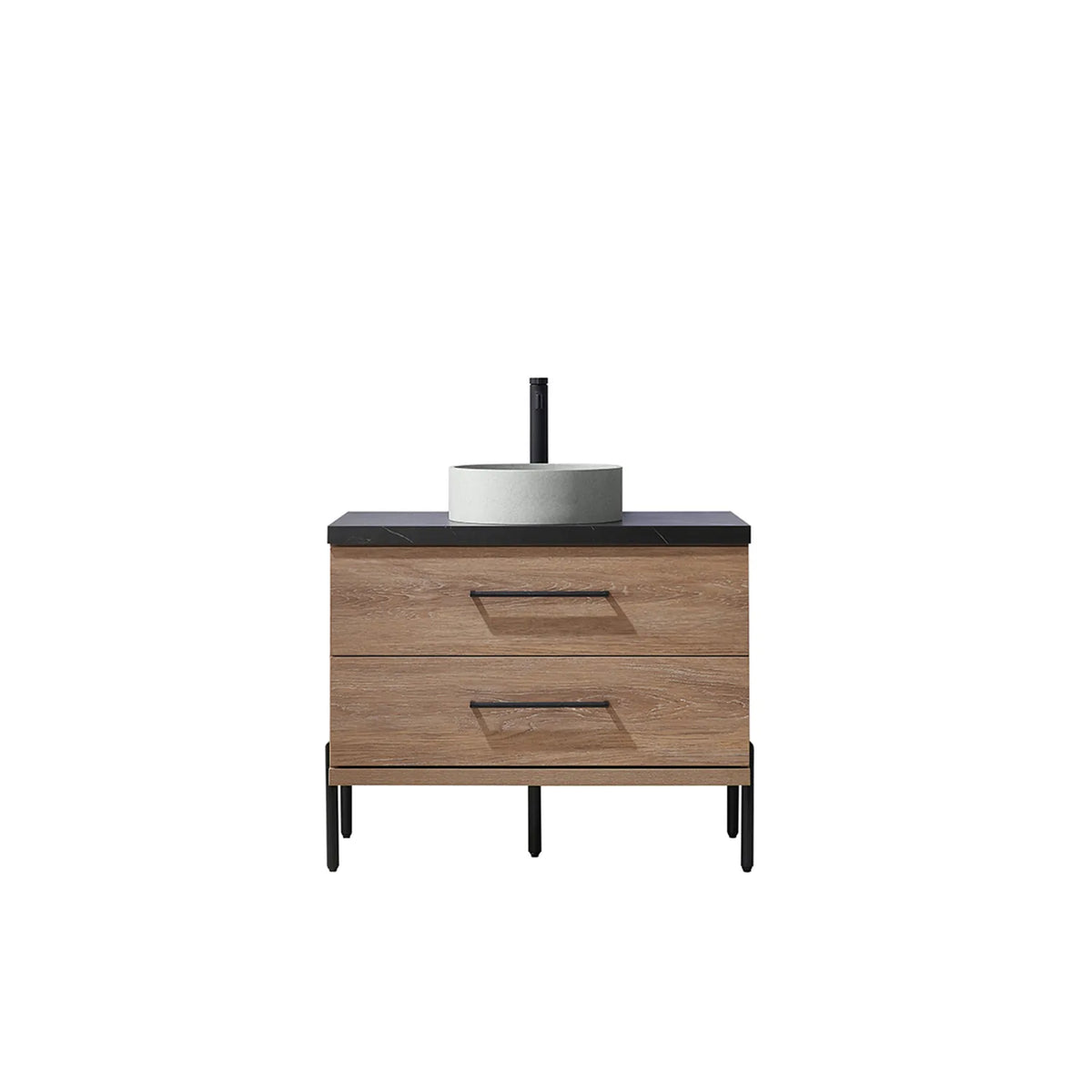 Black faucet on the stone top, vanity shown front-on against white, sold separately