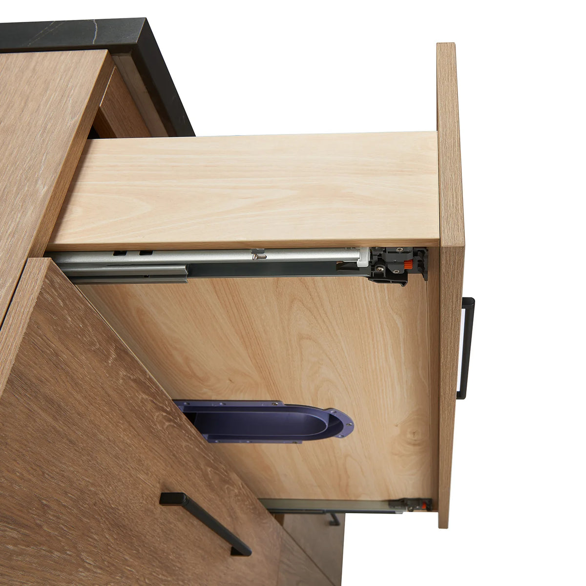 Metal slide and wooden drawer box viewed from the side