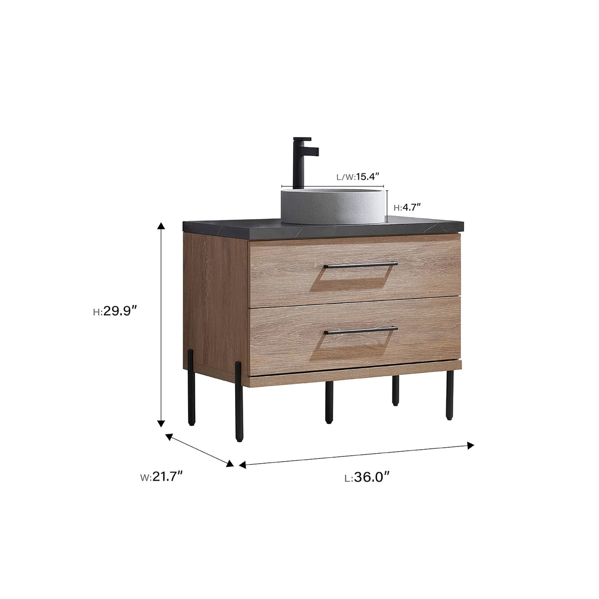 Technical sketch of the 36 inch cabinet: width, depth and height called out along each edge