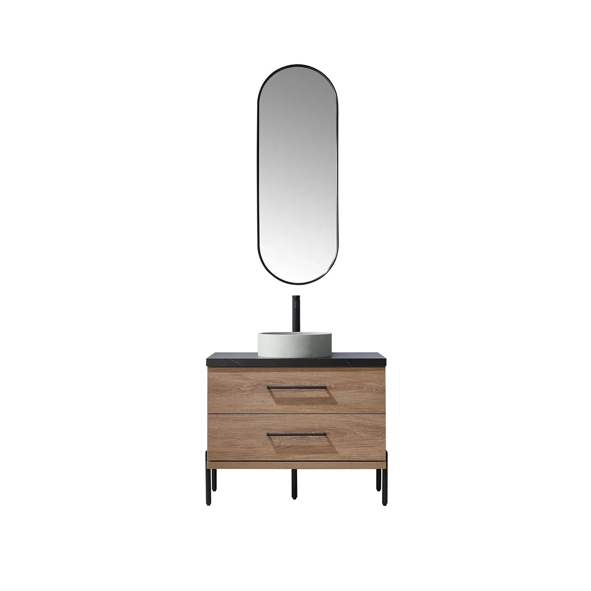 Oak cabinet on black legs below the oval mirror, plain white backdrop