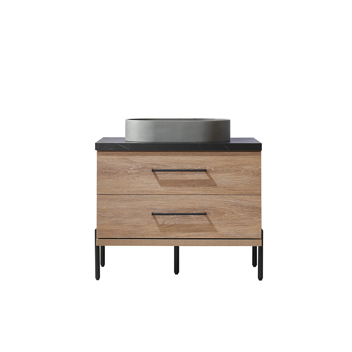 North American Oak 36 inch single bathroom vanity carrying an oval concrete vessel on a black sintered stone surface