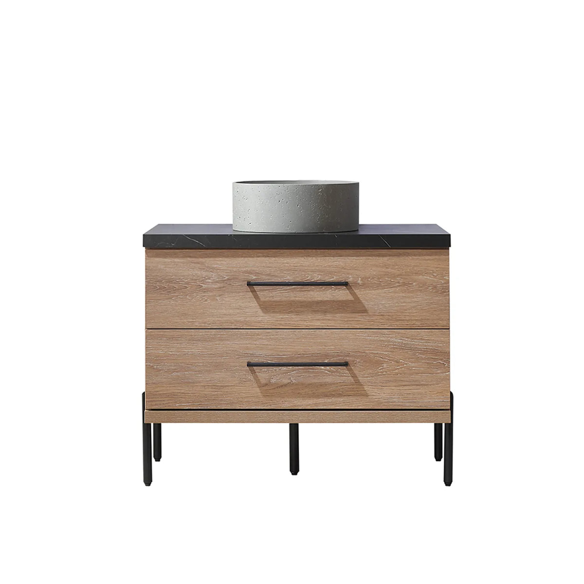North American Oak 36 inch single bathroom vanity carrying a circular concrete vessel on a black sintered stone surface