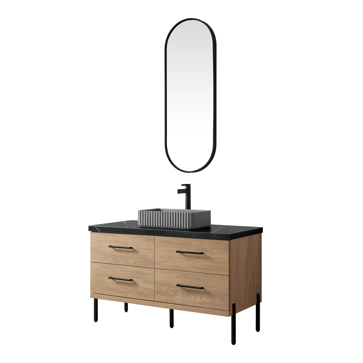 Oak cabinet on black legs below the oval mirror, plain white backdrop