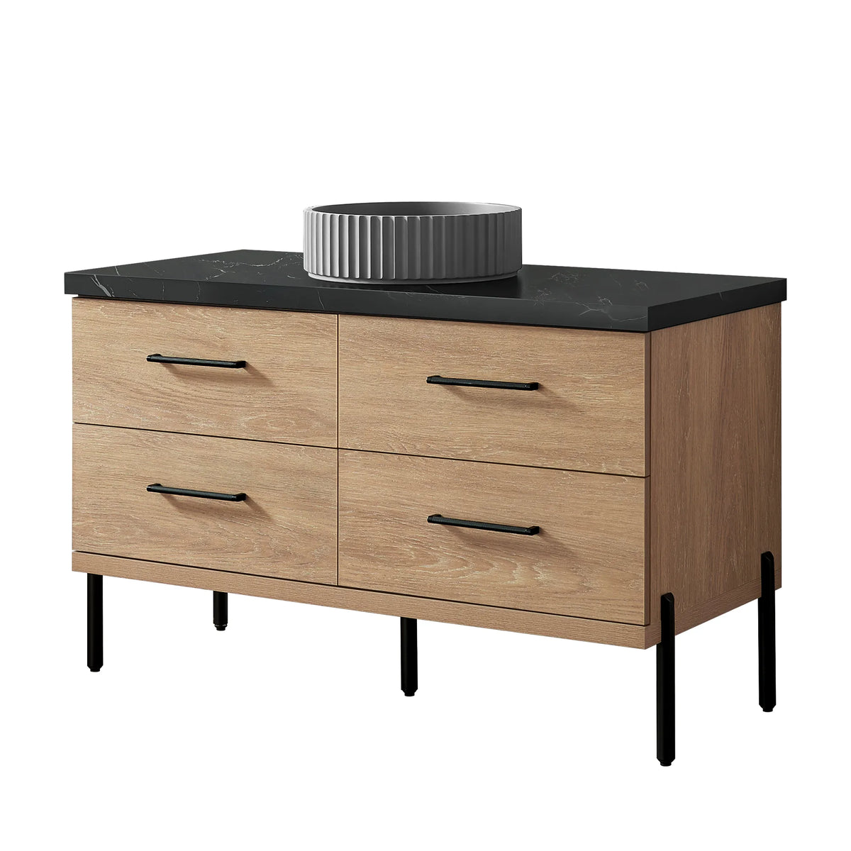 North American Oak 48 inch single bathroom vanity carrying a circular ribbed concrete vessel on black sintered stone