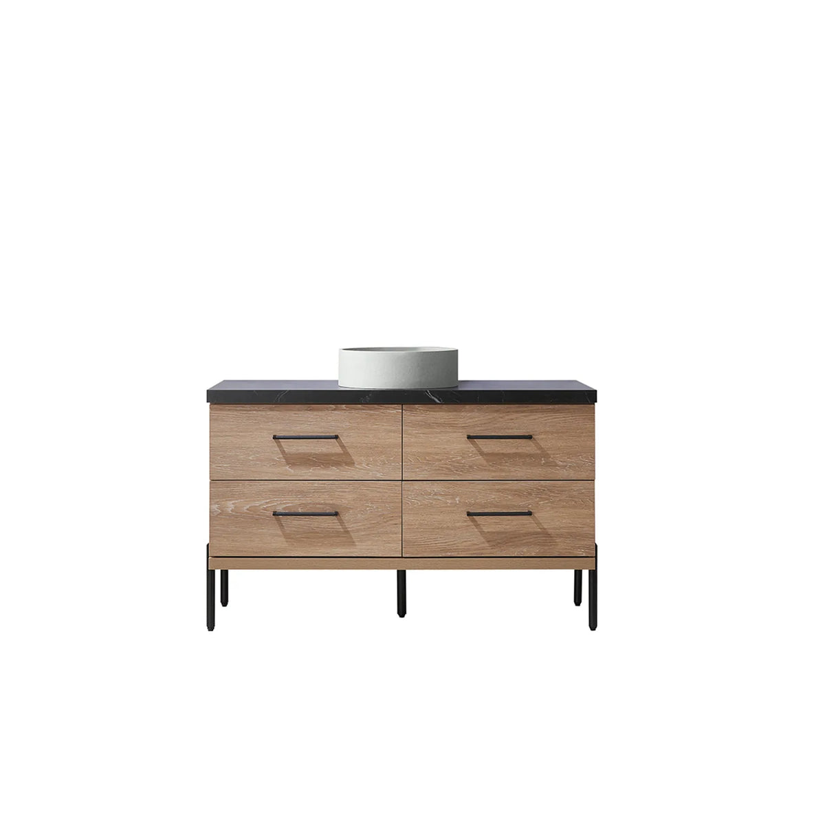 North American Oak 48 inch single bathroom vanity carrying a circular concrete vessel on a black sintered stone surface