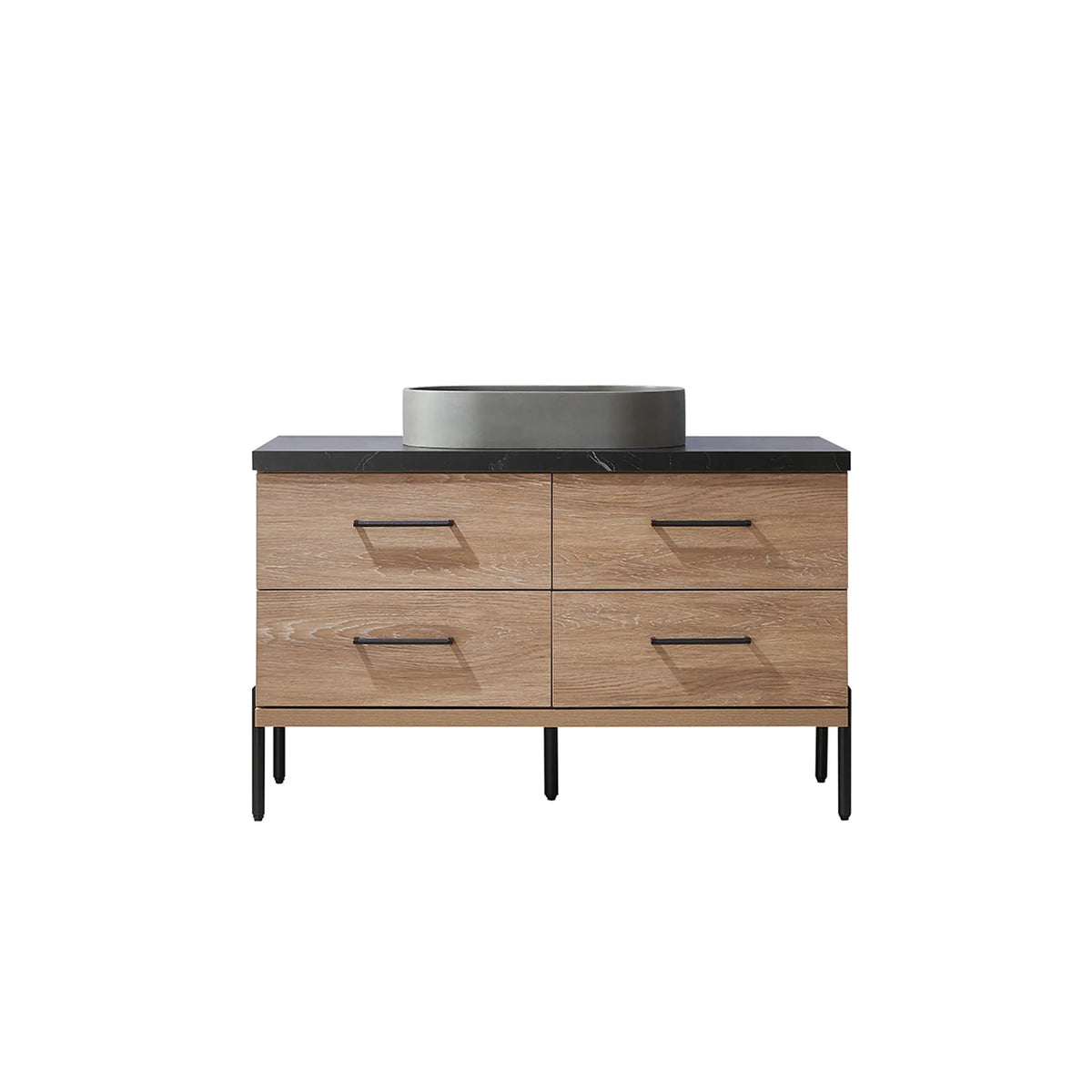 North American Oak 48 inch single bathroom vanity carrying an oval concrete vessel on a black sintered stone surface