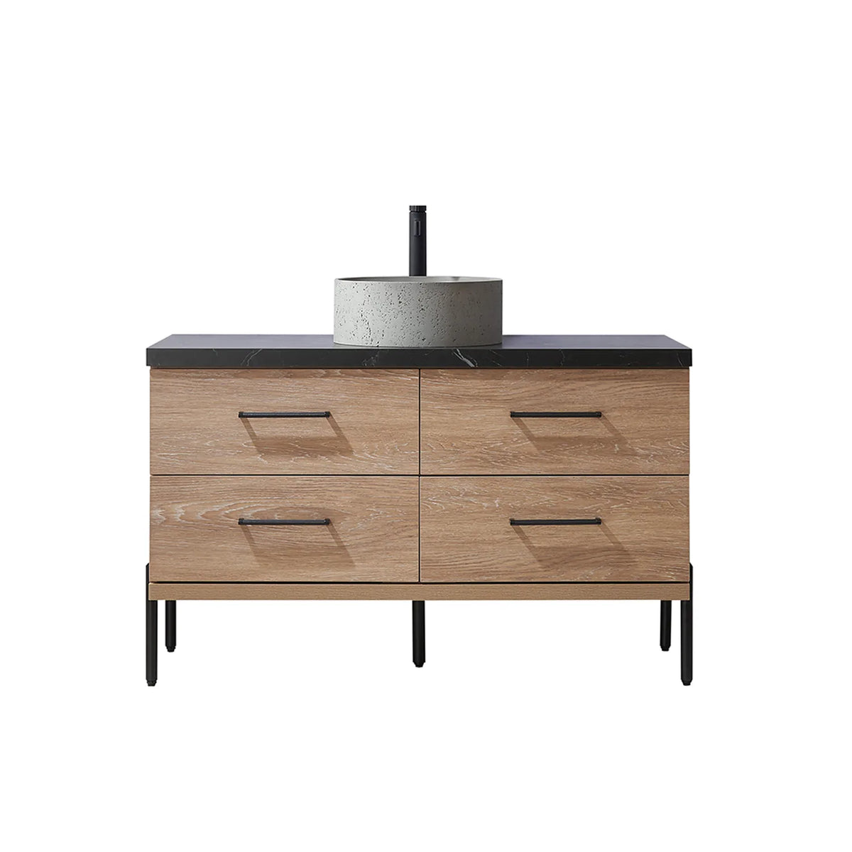 Black faucet on the stone top, vanity shown front-on against white, sold separately