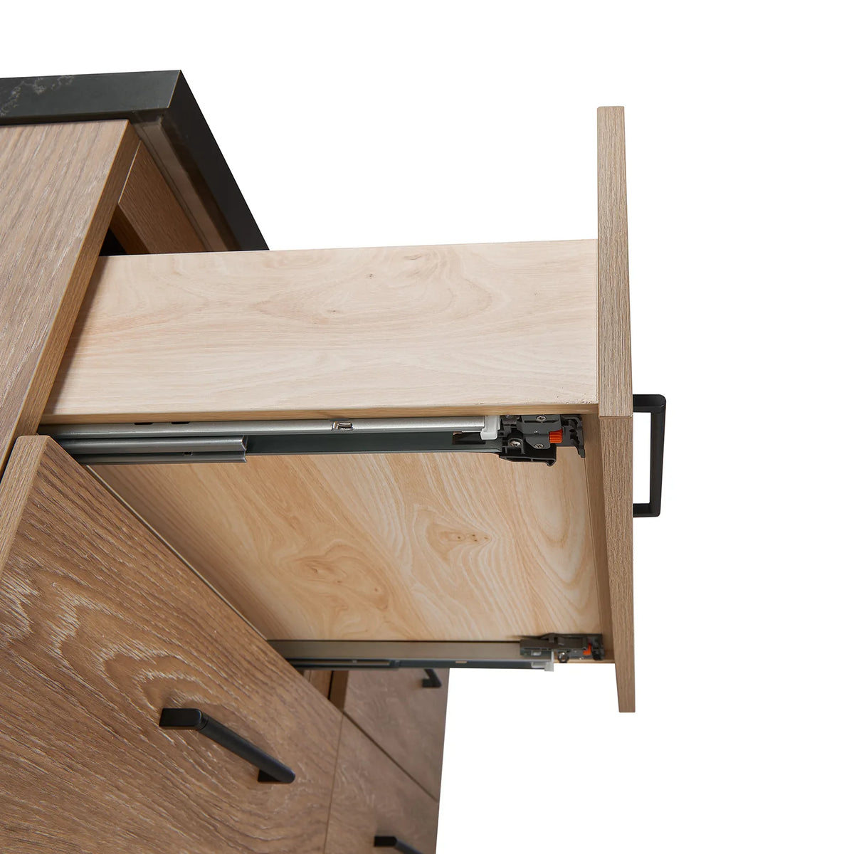 Metal slide and wooden drawer box viewed from the side