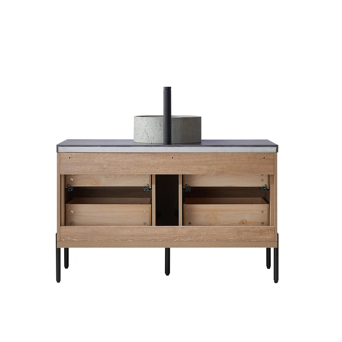 Cabinet interior on white, drawer boxes in place and the back left open