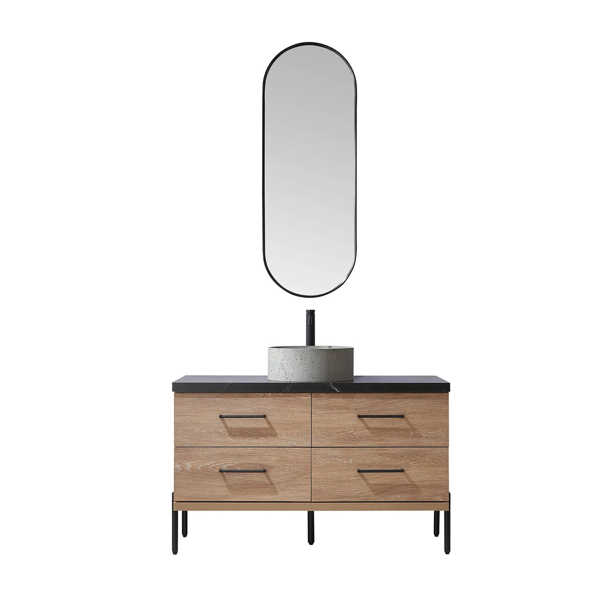 Oak cabinet on black legs below the oval mirror, plain white backdrop
