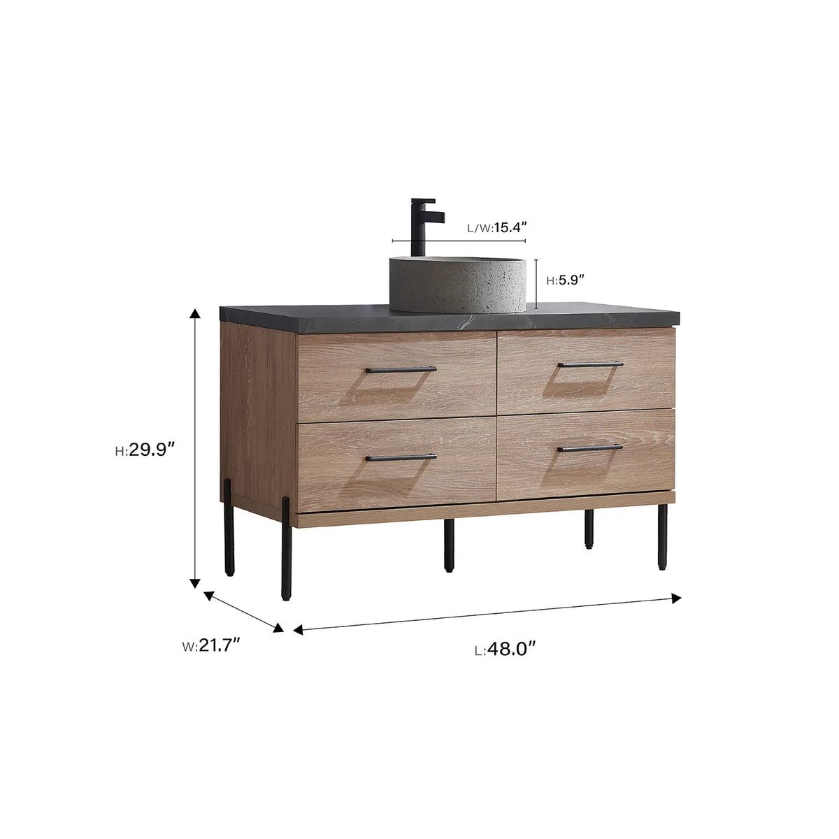 Sizing sheet, 48 inch single vanity: cabinet measurements plus the sink footprint