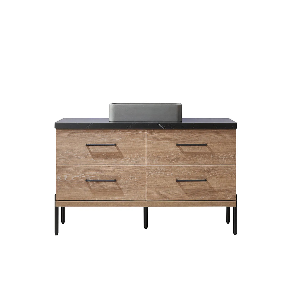 North American Oak 48 inch single bathroom vanity carrying a rectangular concrete vessel on a black sintered stone surface