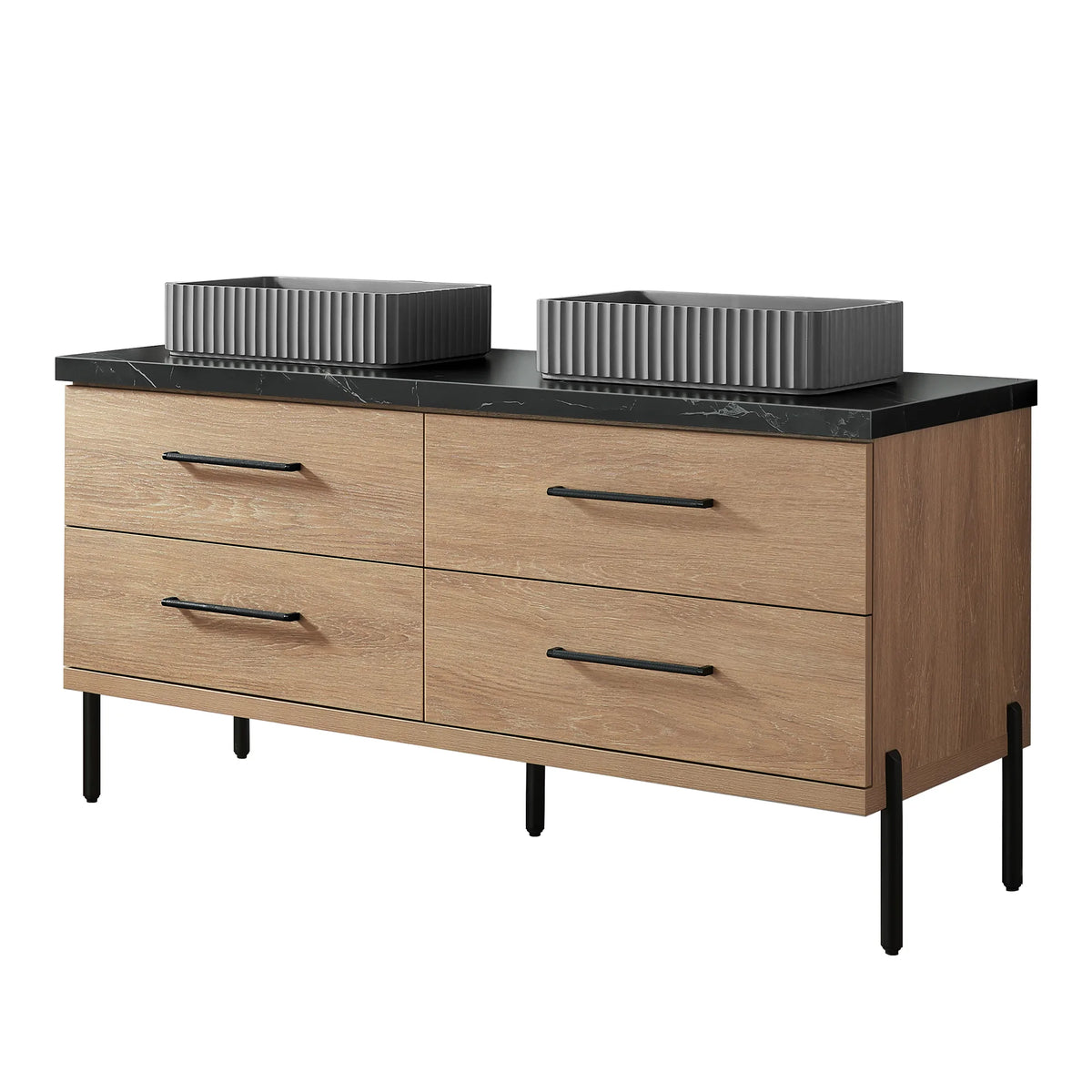 North American Oak 60 inch double sink bathroom vanity with rectangular ribbed concrete vessel sinks set on black stone