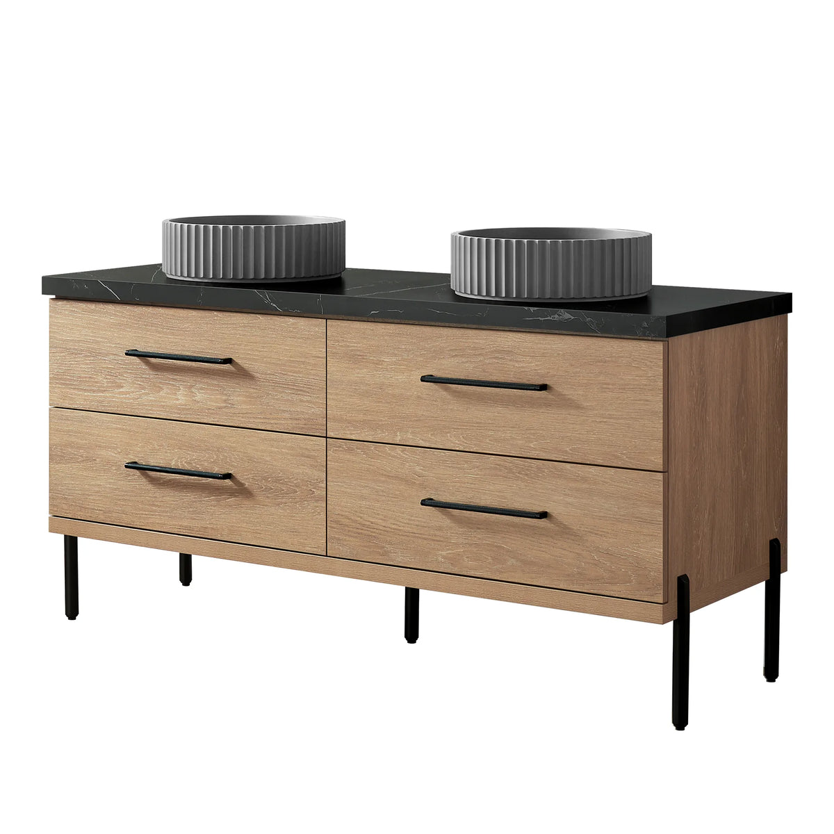 North American Oak 60 inch double sink bathroom vanity with circular ribbed concrete vessel sinks set on black stone