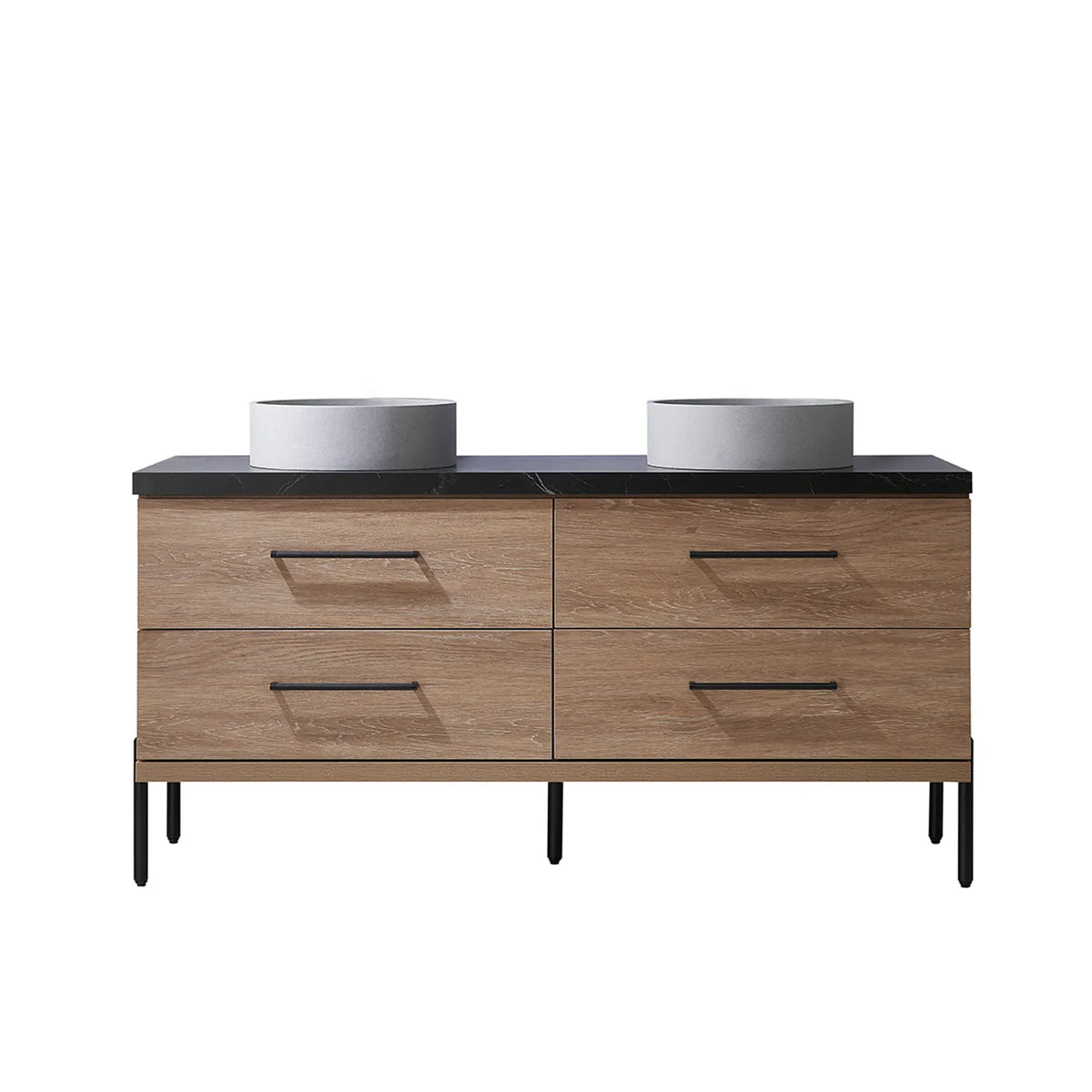 North American Oak 60 inch double sink bathroom vanity carrying circular concrete vessel sinks on black sintered stone