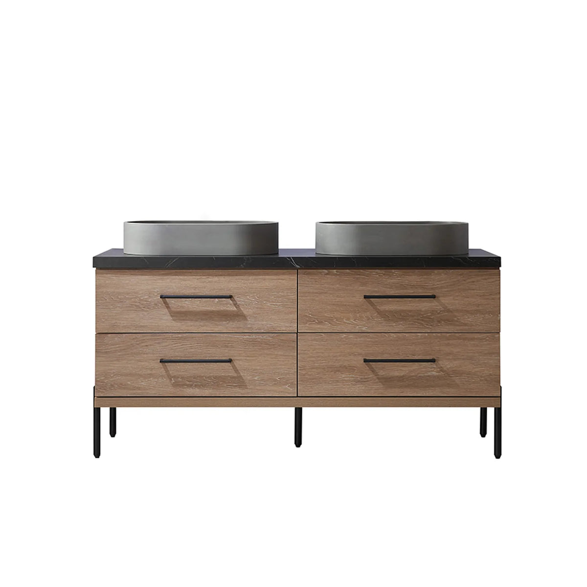 North American Oak 60 inch double sink bathroom vanity carrying oval concrete vessel sinks on a black sintered stone surface