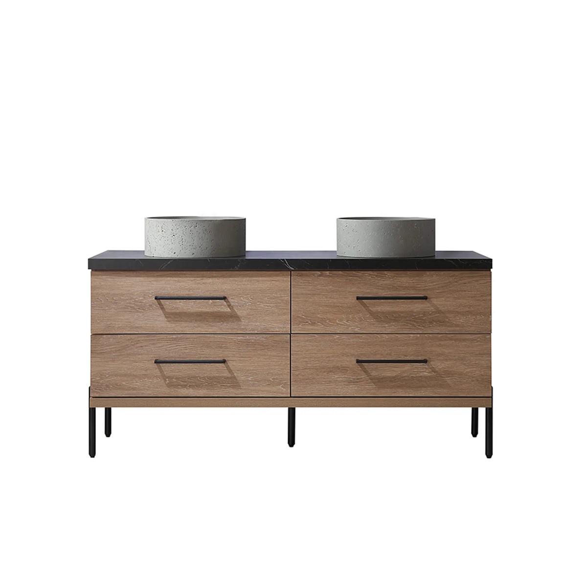 North American Oak 60 inch double sink bathroom vanity carrying circular concrete vessel sinks on black sintered stone