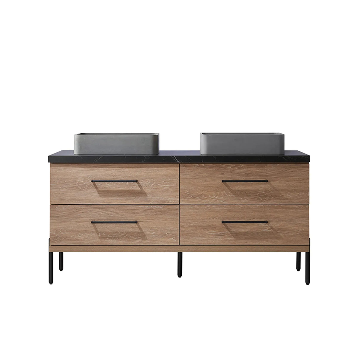 North American Oak 60 inch double sink bathroom vanity with rectangular concrete vessel sinks set on black stone