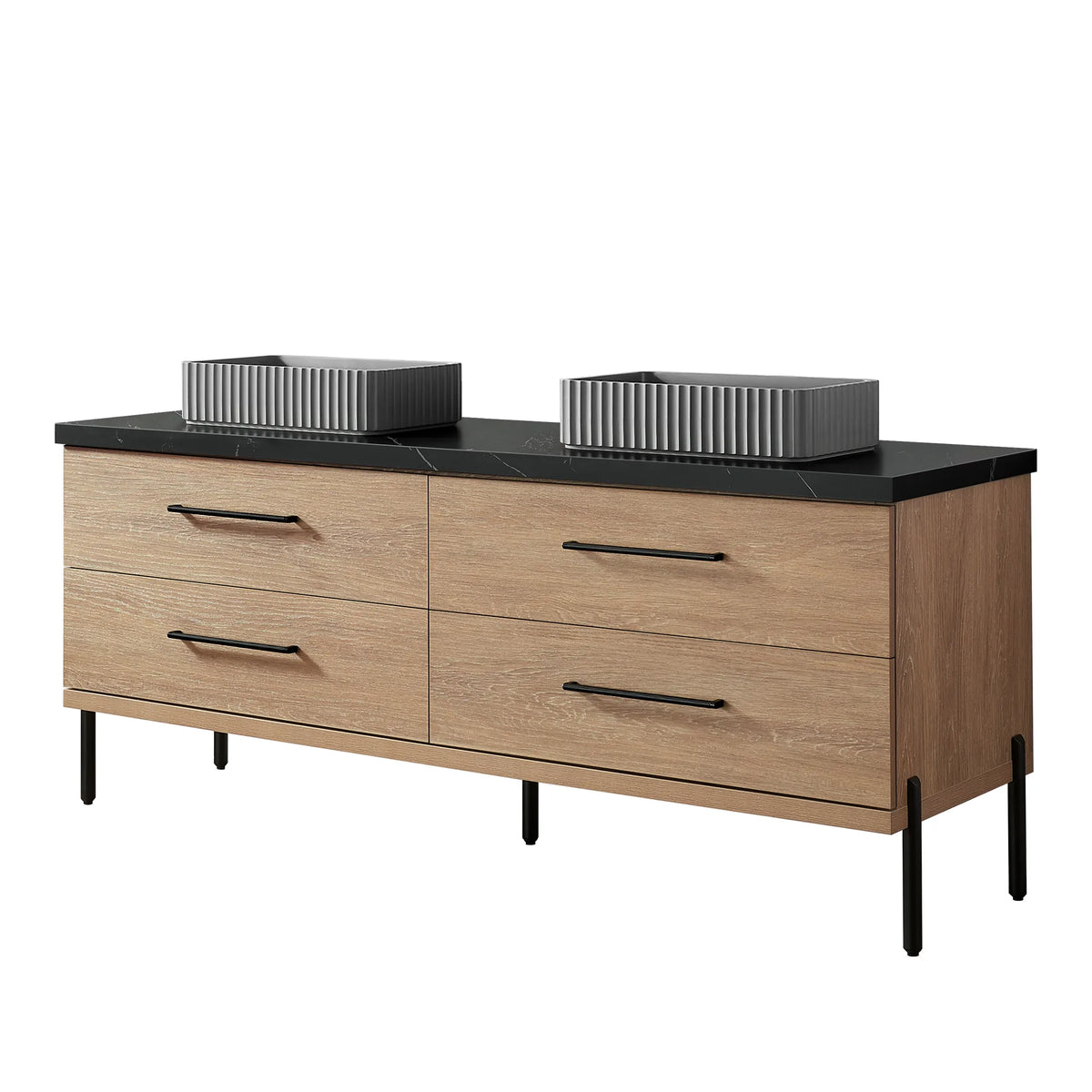North American Oak 72 inch double sink bathroom vanity with rectangular ribbed concrete vessel sinks set on black stone