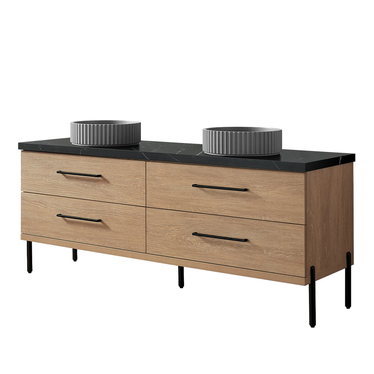 North American Oak 72 inch double sink bathroom vanity with circular ribbed concrete vessel sinks set on black stone