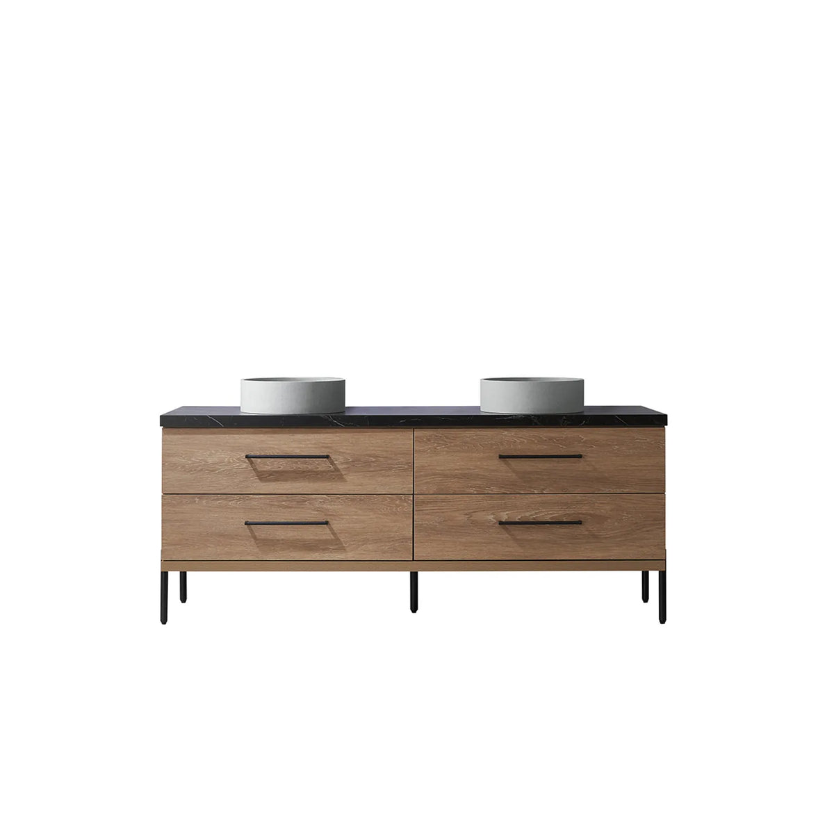North American Oak 72 inch double sink bathroom vanity carrying circular concrete vessel sinks on black sintered stone