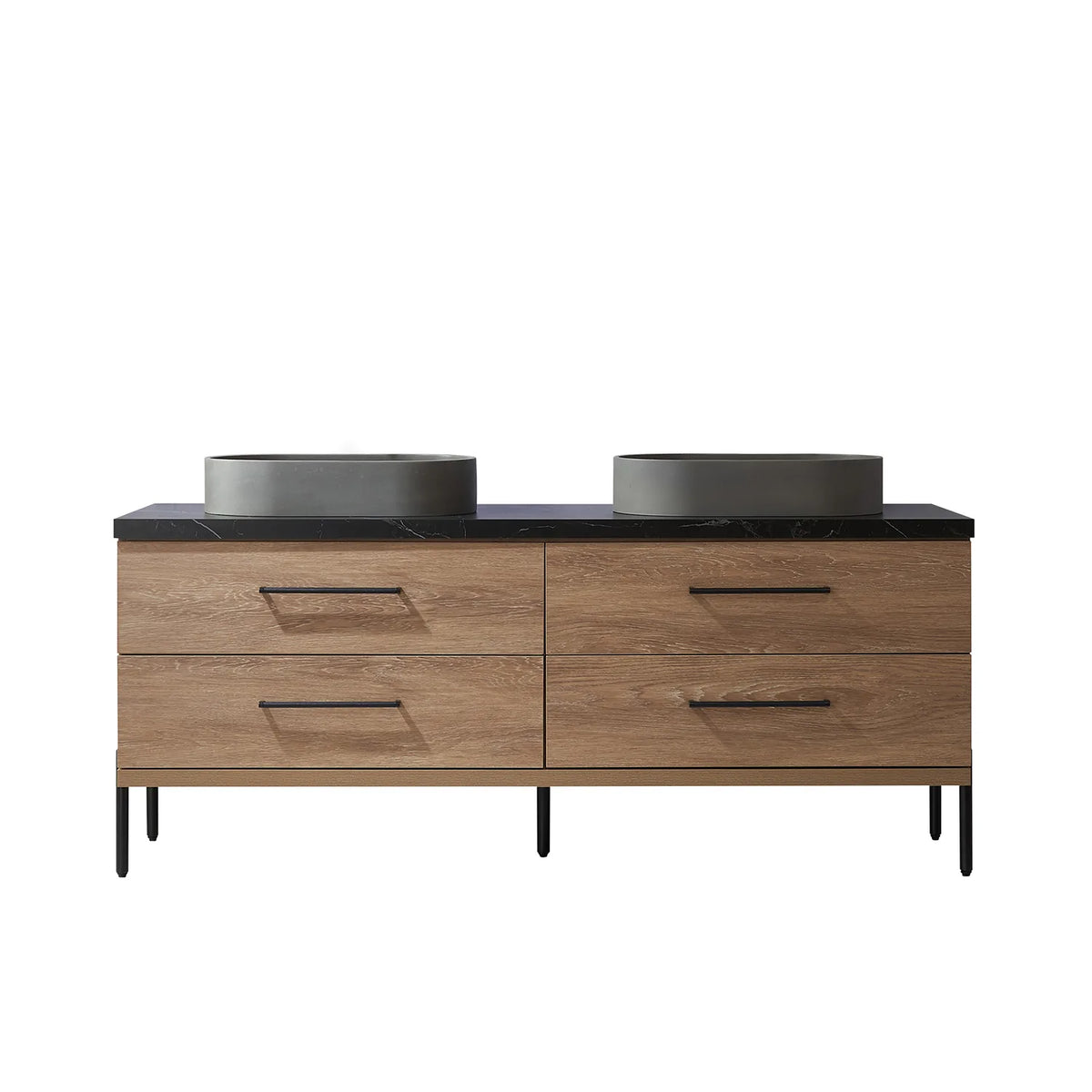 North American Oak 72 inch double sink bathroom vanity carrying oval concrete vessel sinks on a black sintered stone surface
