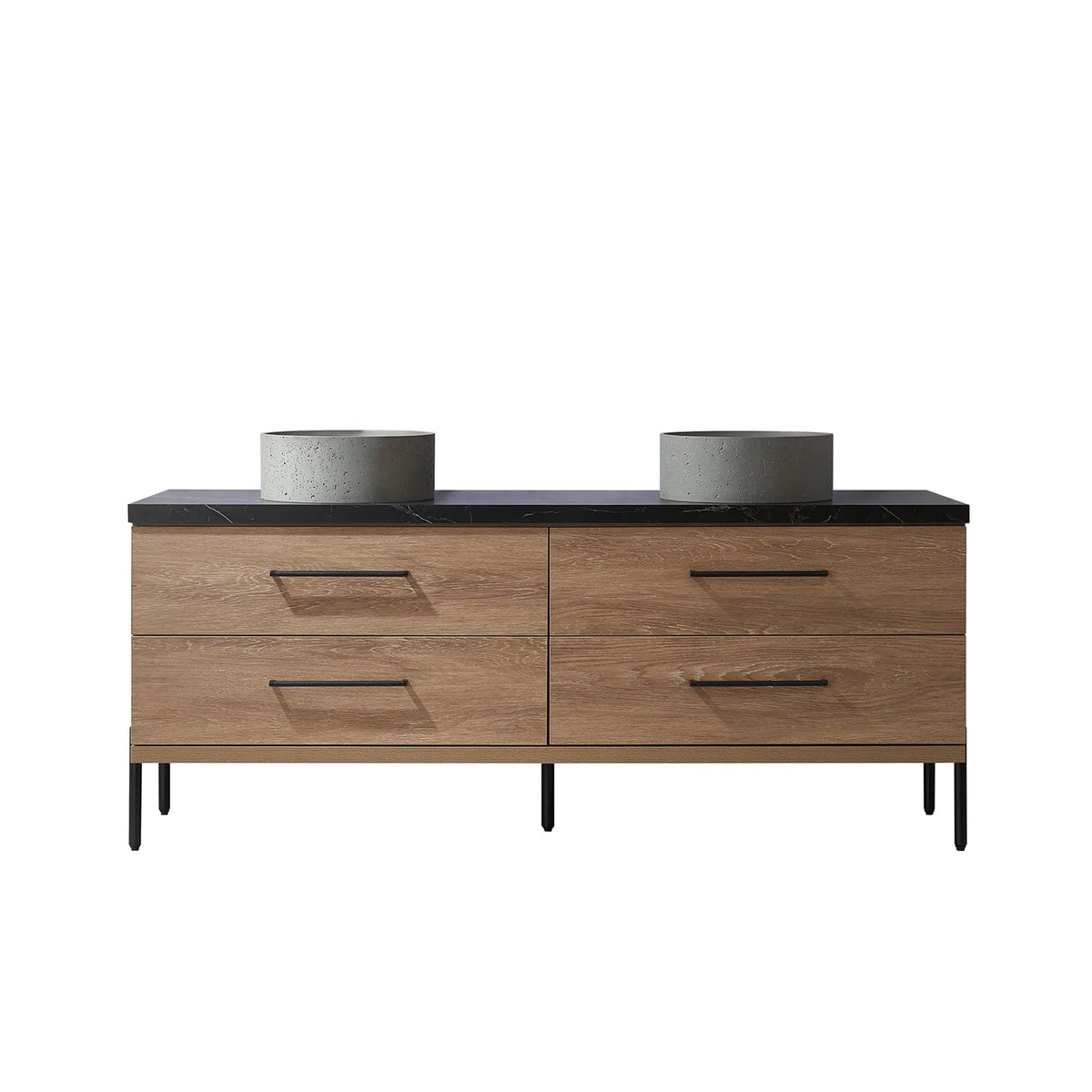North American Oak 72 inch double sink bathroom vanity carrying circular concrete vessel sinks on black sintered stone