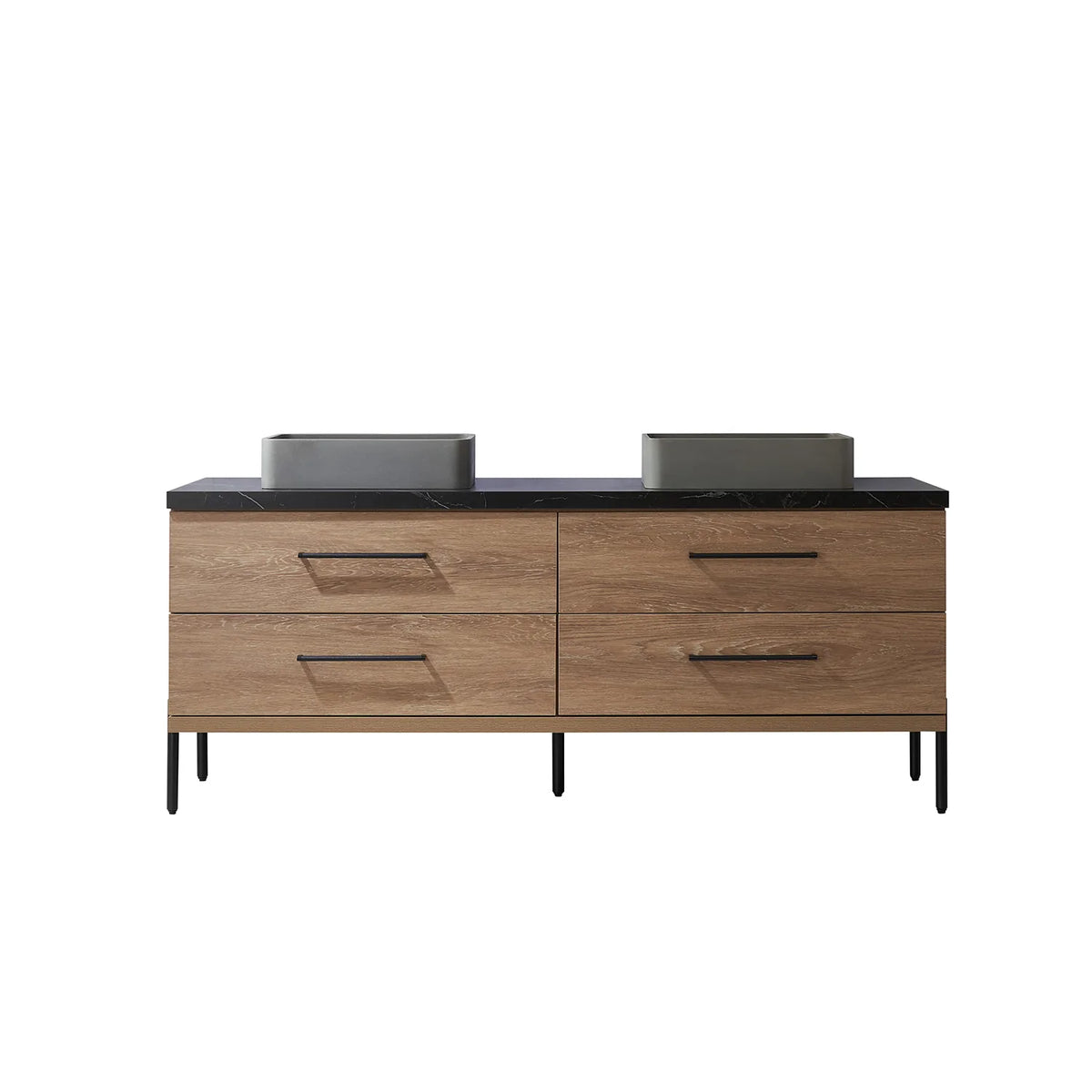 North American Oak 72 inch double sink bathroom vanity with rectangular concrete vessel sinks set on black stone