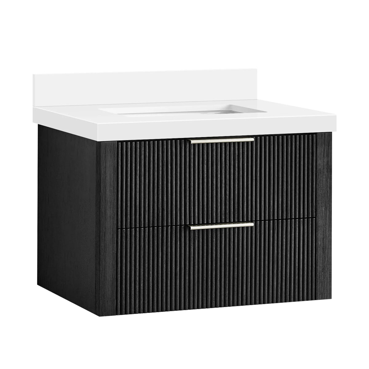 Wall-mounted Oak Weathered Black 30 inch single bathroom vanity, two corrugated drawers and brushed nickel handles