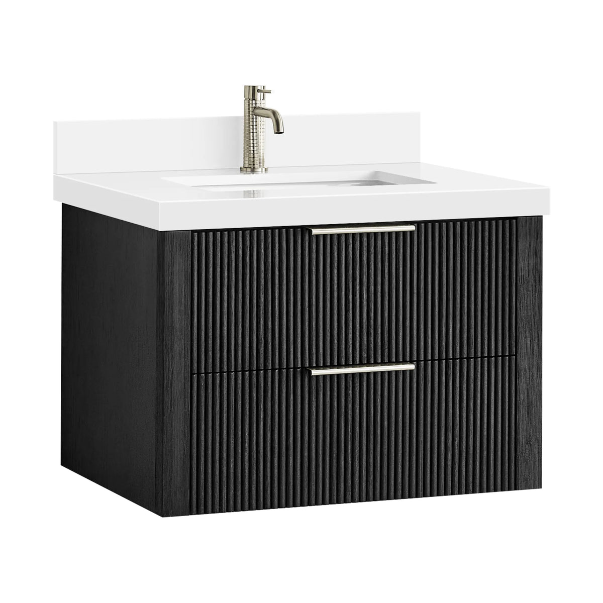 Floating Oak Weathered Black vanity on white with a silver faucet shown for styling (faucet not included)