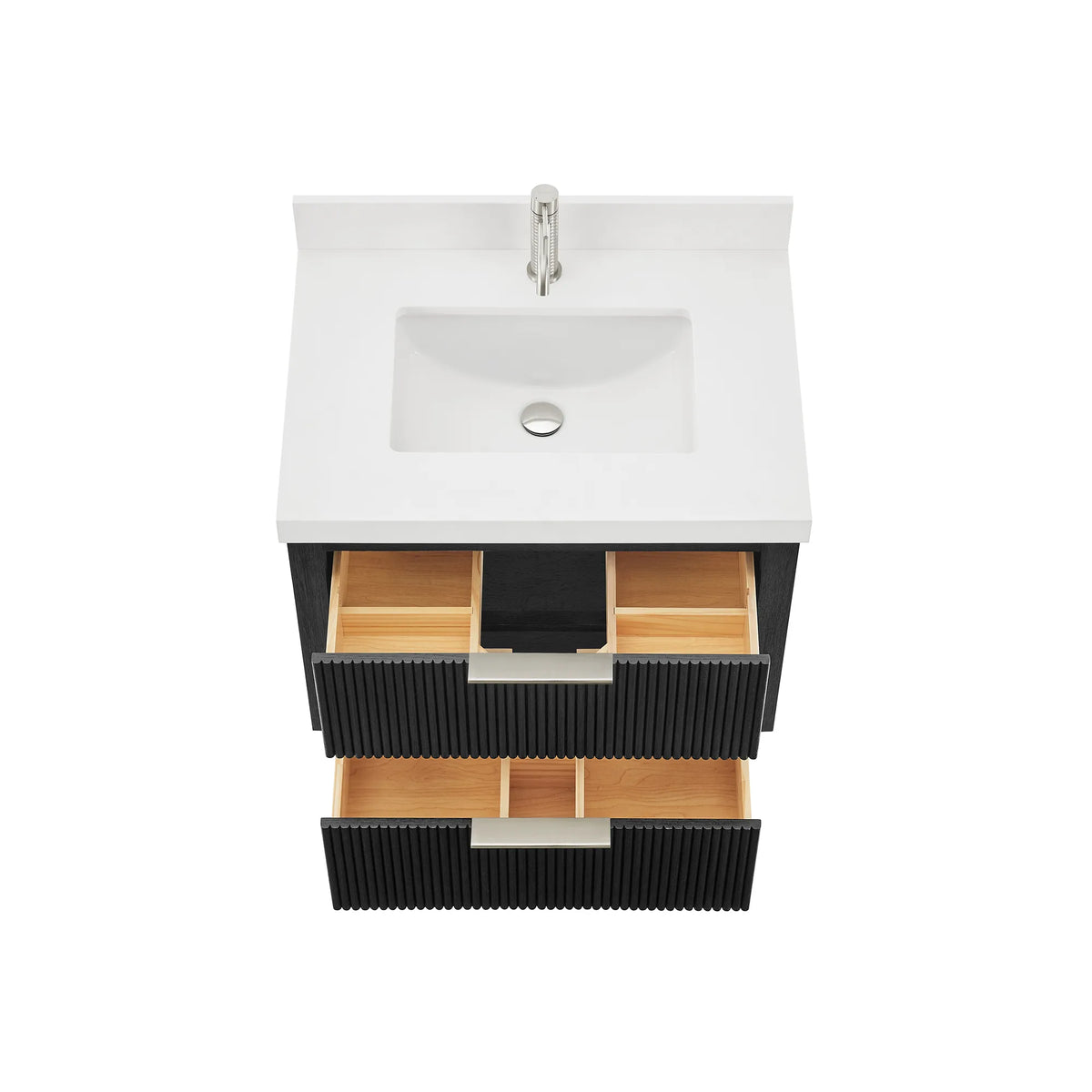 Drawers pulled out on the Oak Weathered Black vanity, showing built-in compartments inside