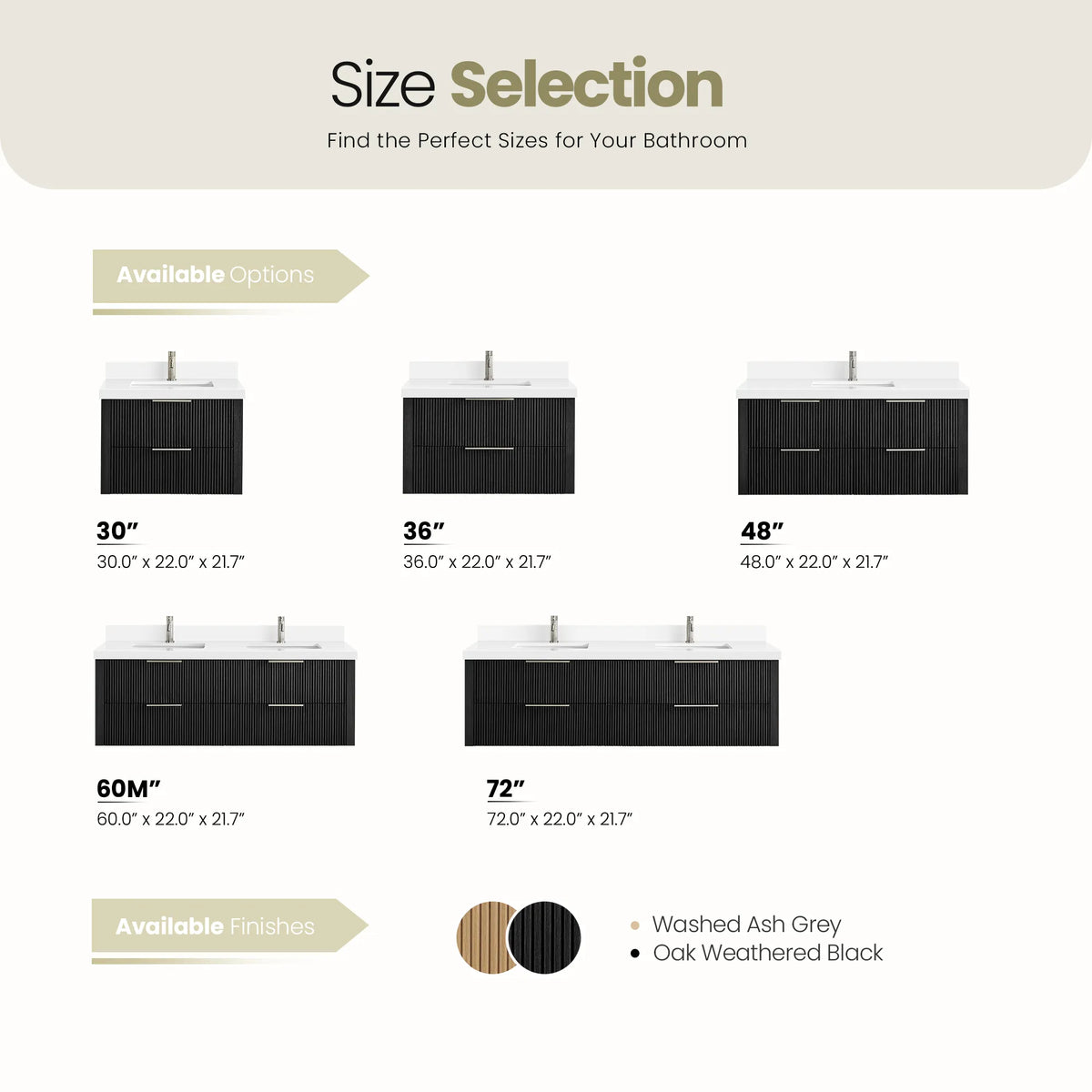Chart of five sizes with width, depth and height, and swatches for both finishes