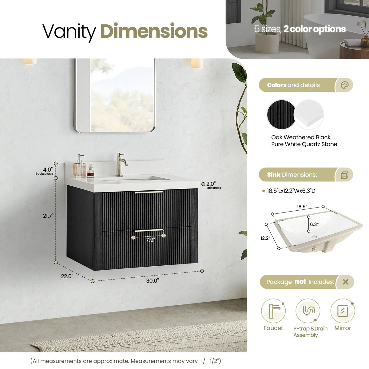 Size diagram for the Oak Weathered Black vanity listing 30.0 inch width, 22.0 depth and 21.7 height