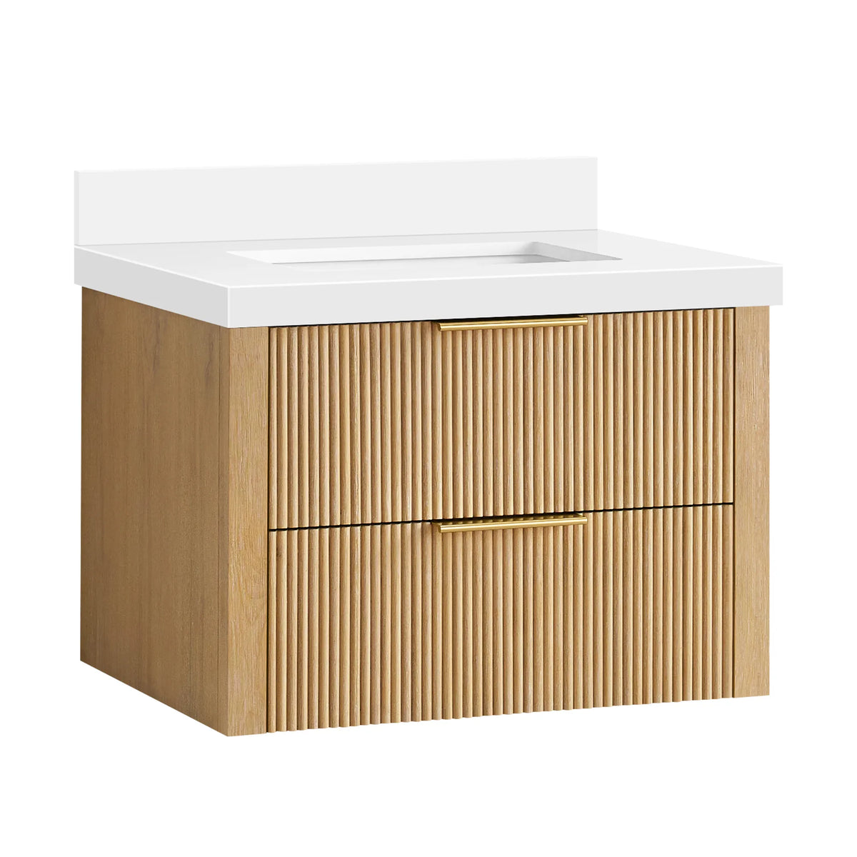 Wall-mounted Washed Ash Grey 30 inch single bathroom vanity, two corrugated drawers and brushed gold handles