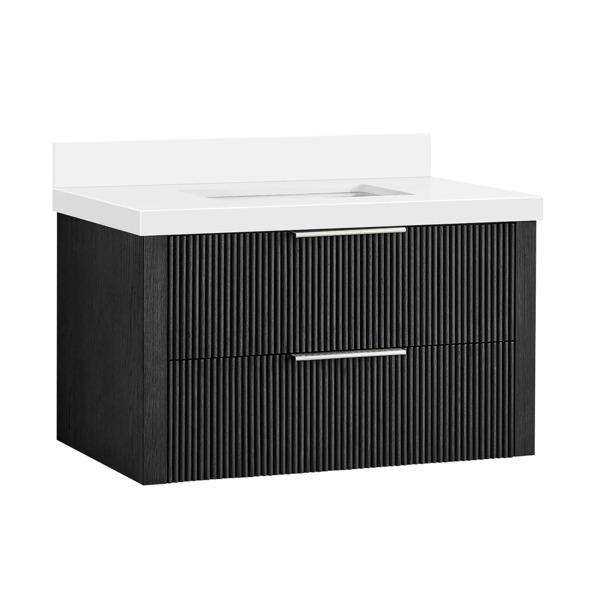Wall-mounted Oak Weathered Black 36 inch single bathroom vanity, two corrugated drawers and brushed nickel handles